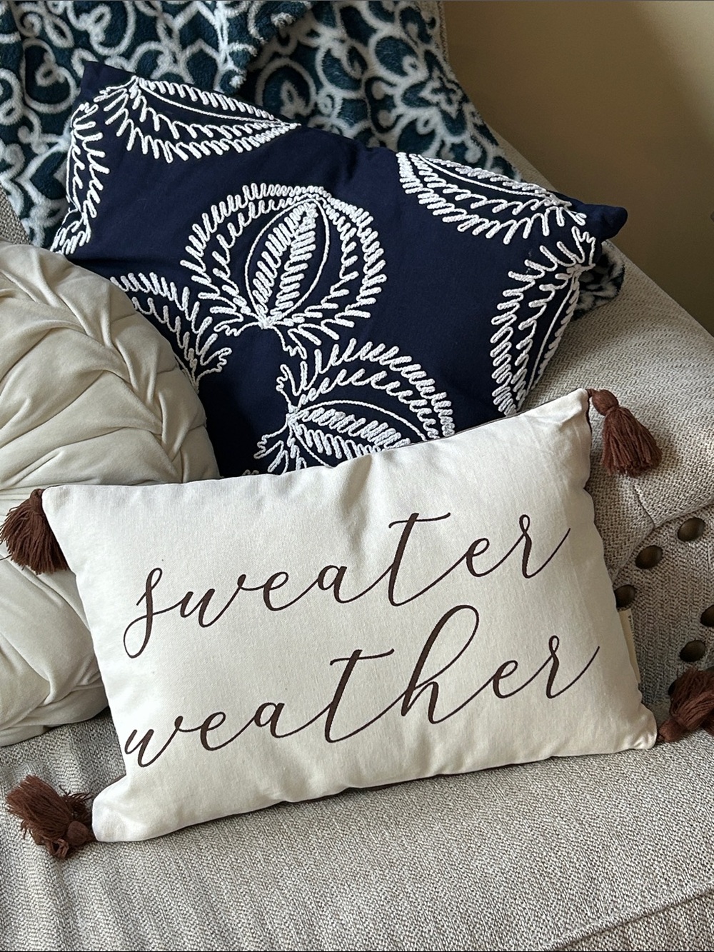 NEW! Fall Harvest Sweater Weather Cream Toss Pillow with Brown Script & Tassels